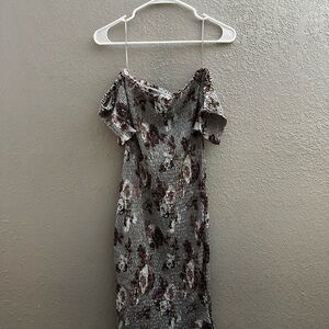 Off-Shoulder Floral Midi Dress in Gray and Mauve